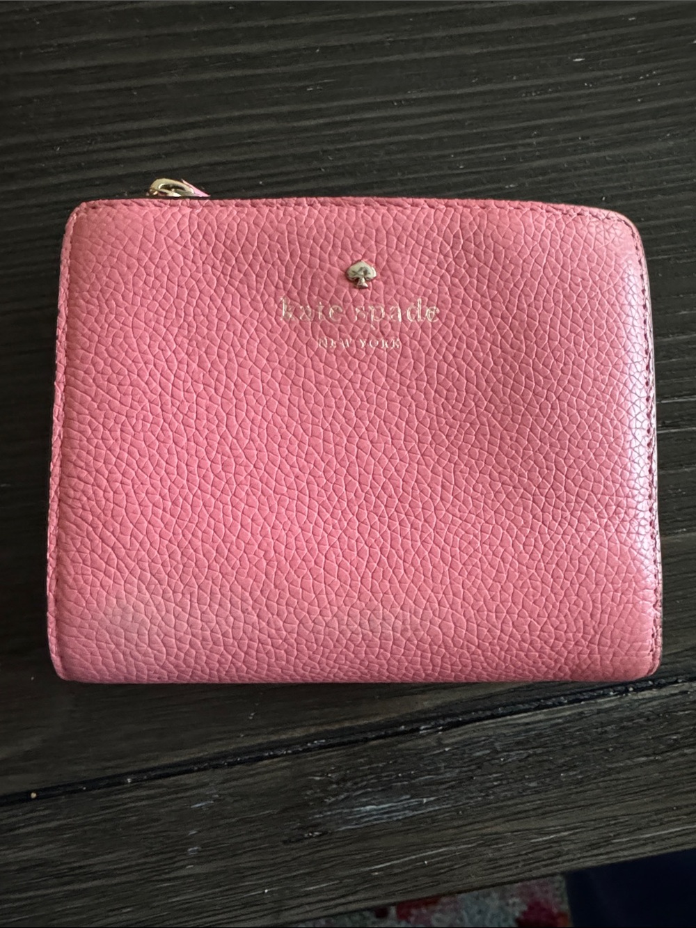 Kate Spade Coral Pink Pebbled Leather Compact Wallet with Gold Logo